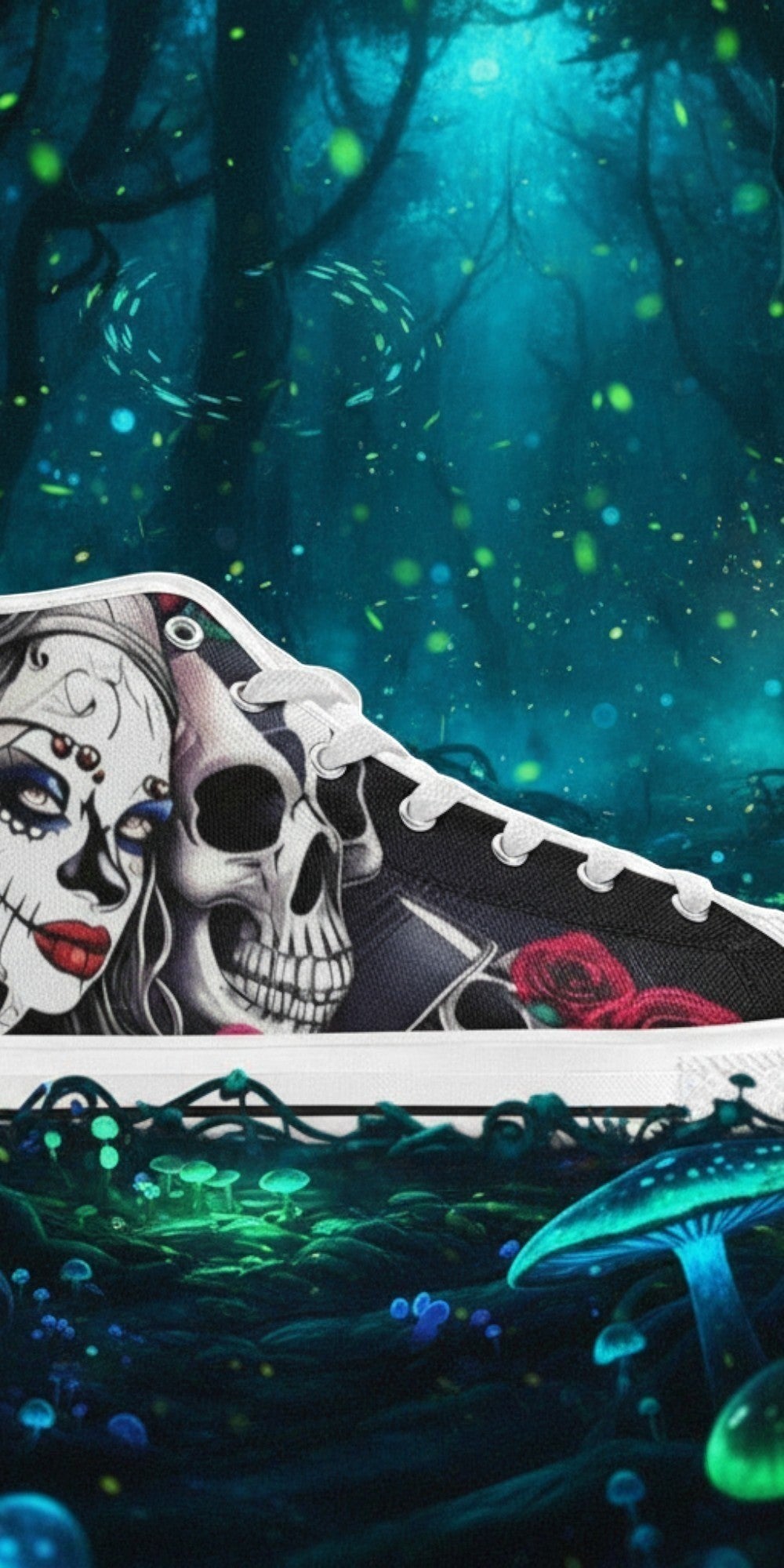 Women's Skulls high-top canvas shoes, custom full-wrap printed design — Freaky Shoes