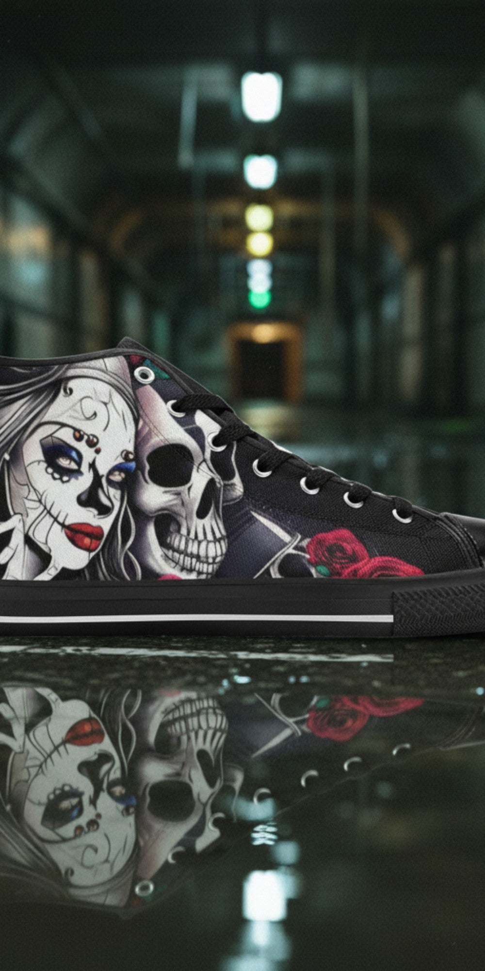 Women's Woman & Skulls high-top canvas shoes, custom full-wrap printed design — Freaky Shoes