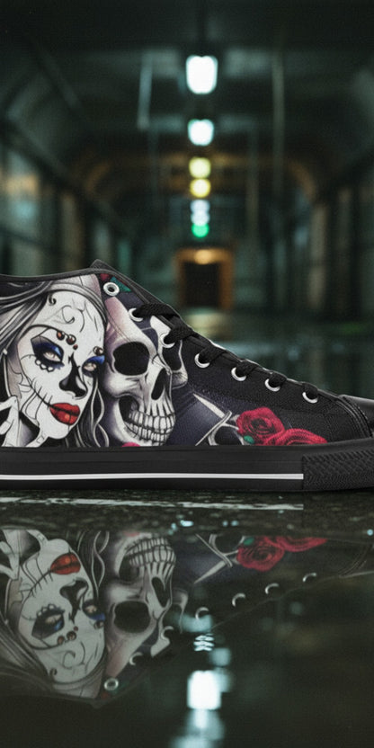 Women's Woman & Skulls high-top canvas shoes, custom full-wrap printed design — Freaky Shoes