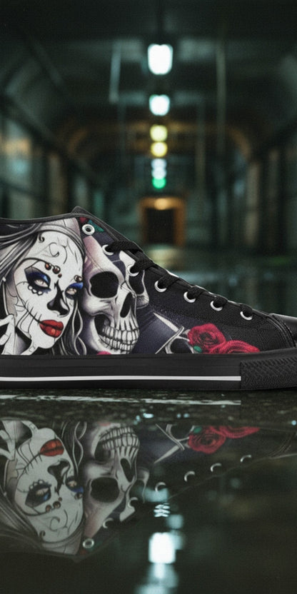 Women's Woman & Skulls high-top canvas shoes, custom full-wrap printed design — Freaky Shoes