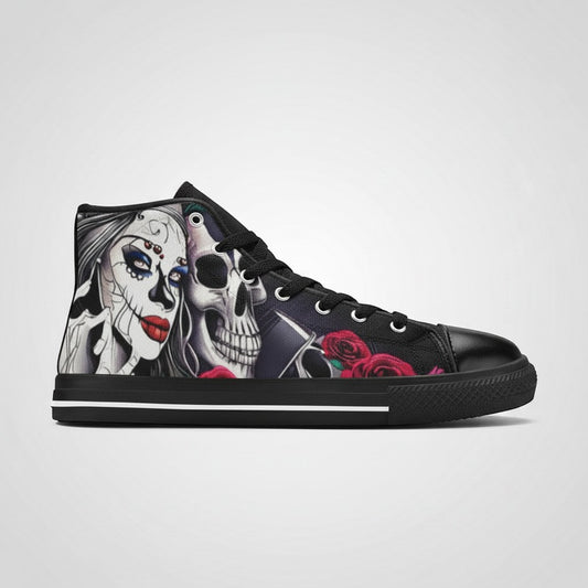 Freaky Shoes® high-top canvas sneakers featuring a woman and skull sugar skull art print with red roses.