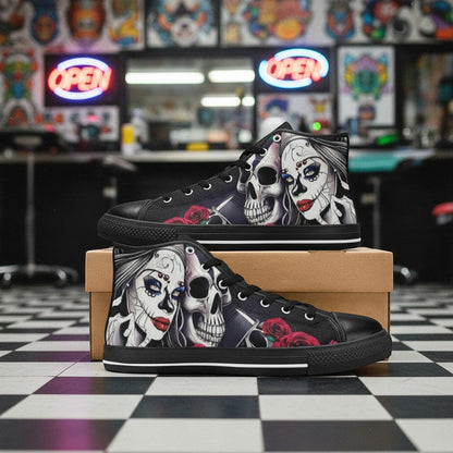 Freaky Shoes® women's high-top canvas sneakers featuring a black base with sugar skull and woman artwork