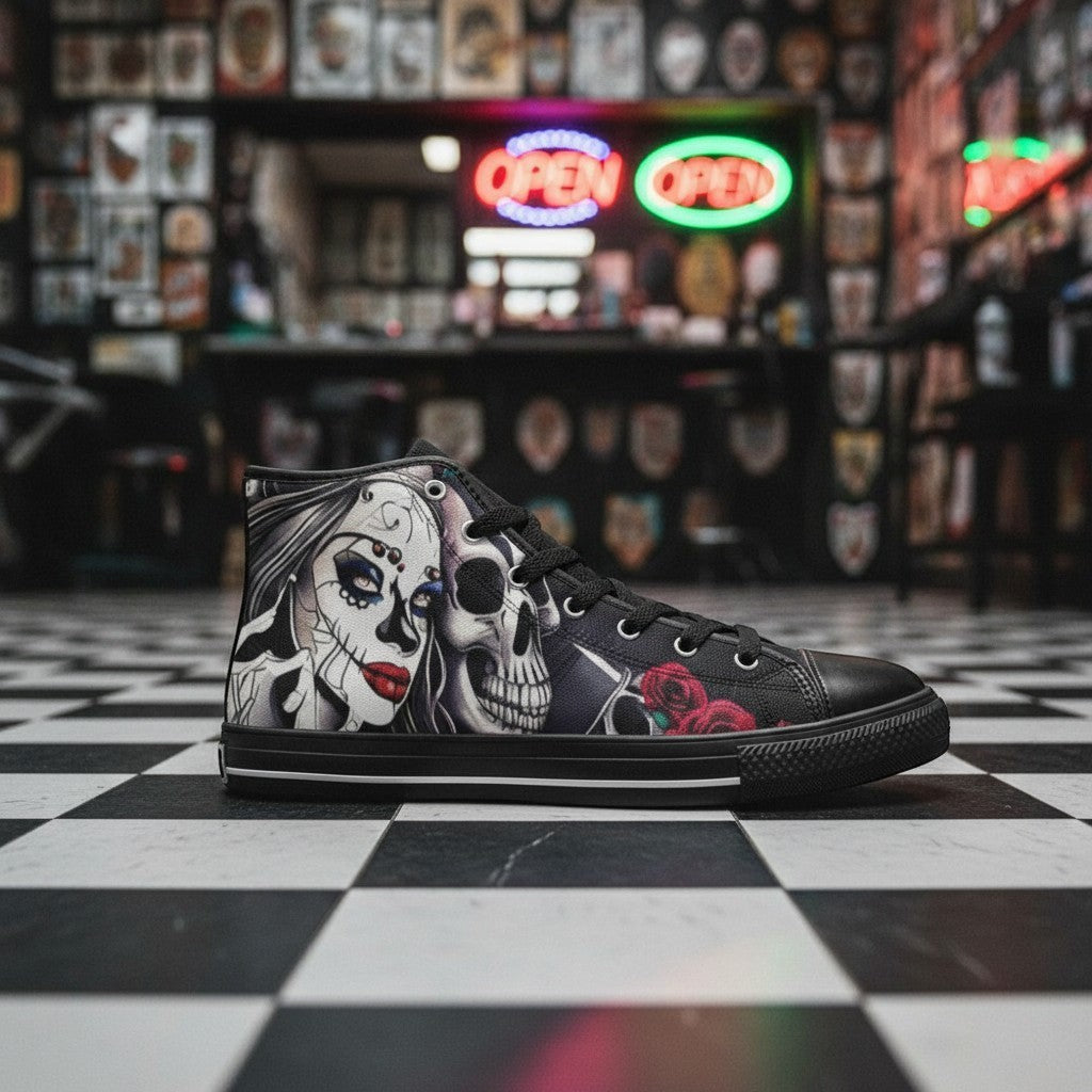 Freaky Shoes® high-top canvas sneakers featuring a woman and skull graphic print on a black and white checkered floor.