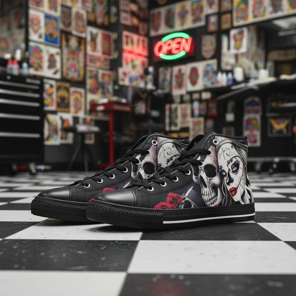 Freaky Shoes® high-top canvas sneakers featuring a black base with a woman and skull graphic print in a tattoo studio.