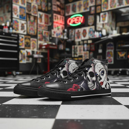 Freaky Shoes® high-top canvas sneakers featuring a black base with a woman and skull graphic print in a tattoo studio.