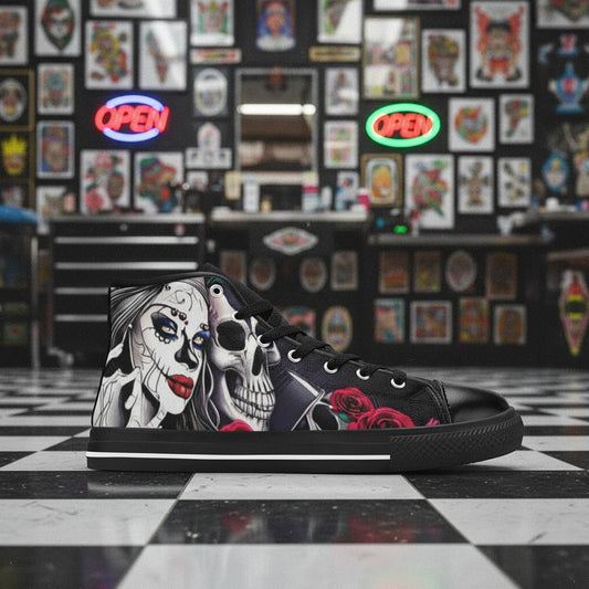 Freaky Shoes® high-top canvas sneakers featuring a black and white woman and skull graphic with red roses