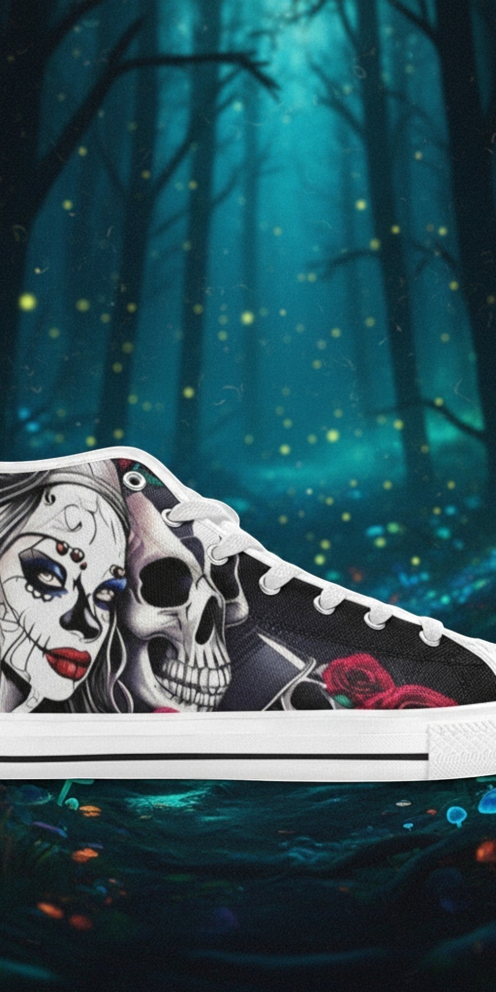 Women's Skulls hand-made high-top canvas shoes — unique wearable art by Freaky Shoes