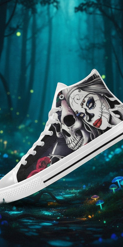 Custom Women's Skulls high-top canvas shoes with bold all-over art — Freaky Shoes