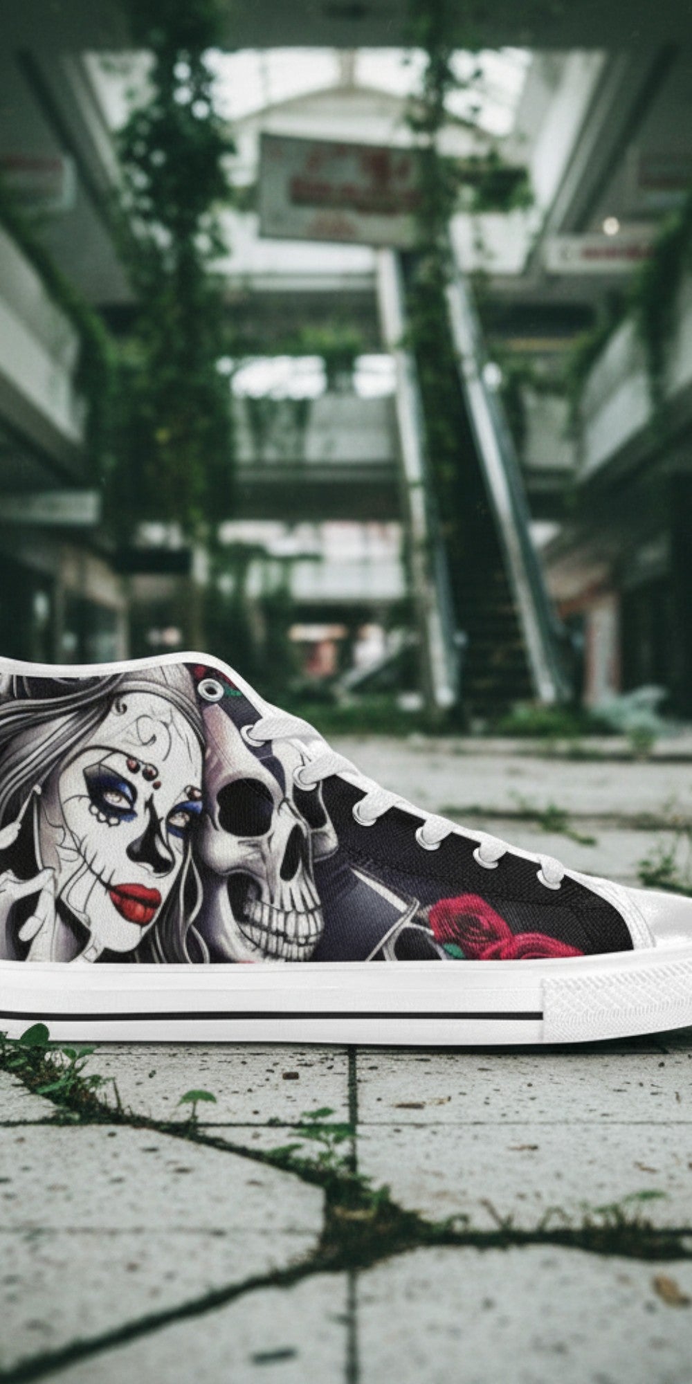 Custom Men's Skulls high-top canvas shoes with bold all-over art — Freaky Shoes