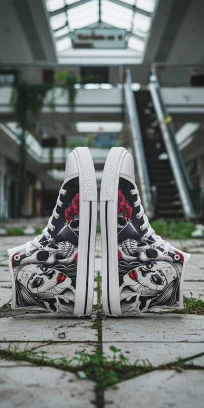 Men's Skulls hand-made high-top canvas shoes — unique wearable art by Freaky Shoes