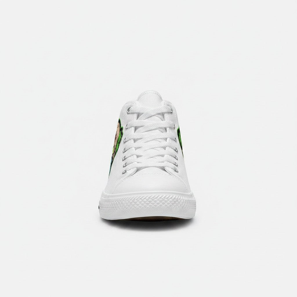 Freaky Shoes® women's white high-top canvas sneakers featuring a bold clown graphic print on the side
