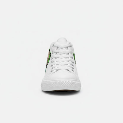 Freaky Shoes® women's white high-top canvas sneakers featuring a bold clown graphic print on the side