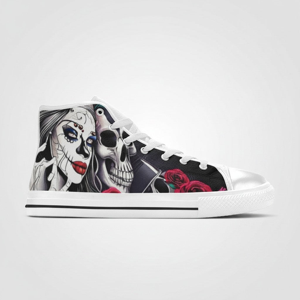 Freaky Shoes® women's high-top canvas sneakers featuring a black and white sugar skull and red rose graphic print.