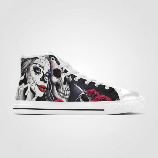 Freaky Shoes® women's high-top canvas sneakers featuring a black and white sugar skull and red rose graphic print.