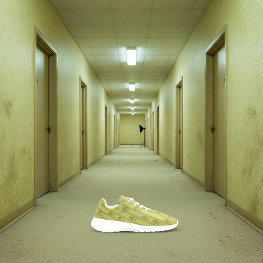 Freaky Shoes® men's athletic shoes in light yellow with a geometric arrow pattern and white soles.