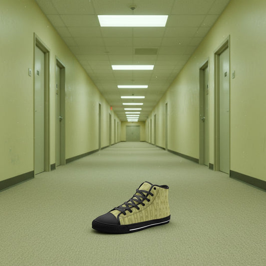 Freaky Shoes® yellow canvas high top sneakers with black laces, toe cap, and sole. Features a subtle geometric pattern.