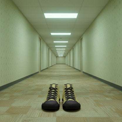 Yellow Hallway Backrooms Horror Aesthetic Unisex high-top canvas shoes, custom full-wrap printed design — Freaky Shoes