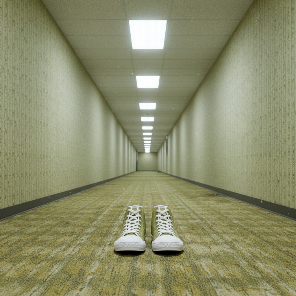 Yellow Hallway Backrooms Horror Aesthetic Unisex hand-made high-top canvas shoes — unique wearable art by Freaky Shoes