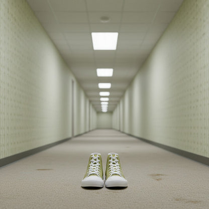 Yellow Hallway Backrooms Horror Aesthetic Unisex high-top canvas shoes, custom full-wrap printed design — Freaky Shoes