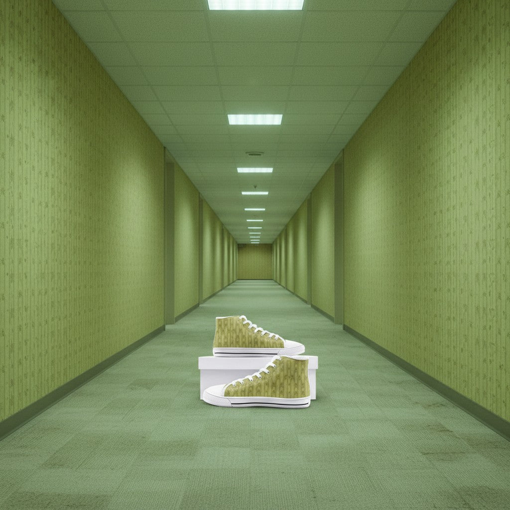 Custom Yellow Hallway Backrooms Horror Aesthetic Unisex high-top canvas shoes with bold all-over art — Freaky Shoes