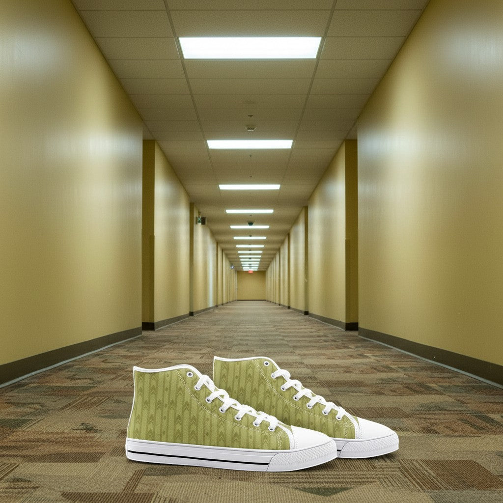 Yellow Hallway Backrooms Horror Aesthetic Unisex high-top canvas shoes — one-of-a-kind custom printed art, Freaky Shoes