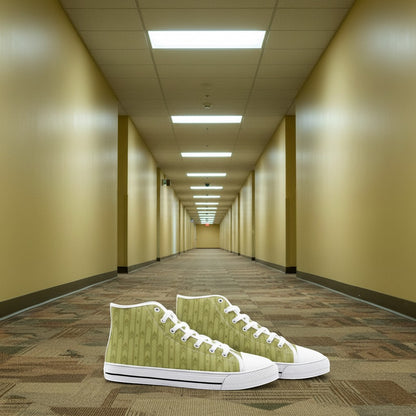 Yellow Hallway Backrooms Horror Aesthetic Unisex high-top canvas shoes — one-of-a-kind custom printed art, Freaky Shoes
