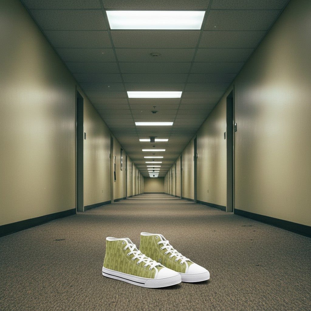 Yellow Hallway Backrooms Horror Aesthetic Unisex custom high-top canvas shoes — wearable art by Freaky Shoes