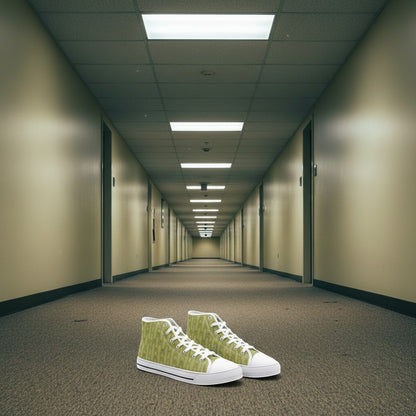 Yellow Hallway Backrooms Horror Aesthetic Unisex custom high-top canvas shoes — wearable art by Freaky Shoes