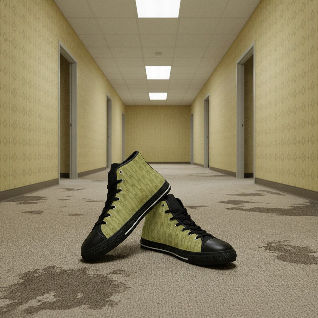 Men's Fluorescent Light Backrooms Level 0 Print -4 Sides hand-made high-top canvas shoes — unique wearable art by Freaky