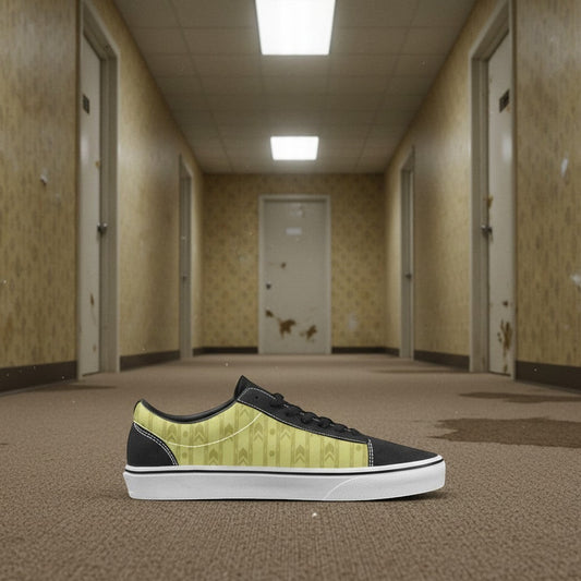 Freaky Shoes® men's low top skate shoes in yellow with a geometric pattern and black accents. Faux suede details.