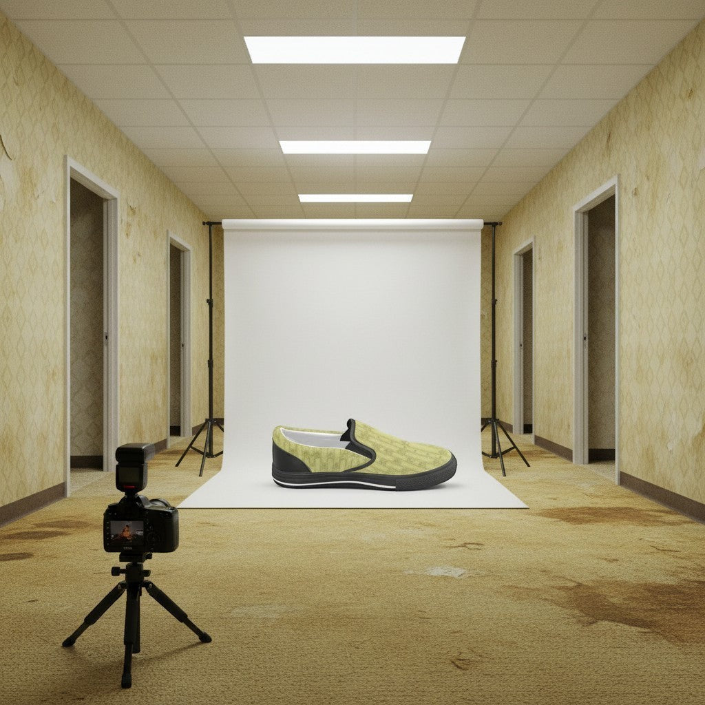 Women's Level 2 Backrooms Liminal Space Fashion Unusual hand-made slip-on canvas shoes — unique wearable art by Freaky Shoes
