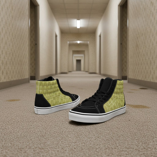 Freaky Shoes® yellow wallpaper pattern high top skateboarding shoes with black faux suede heel and toe cap.