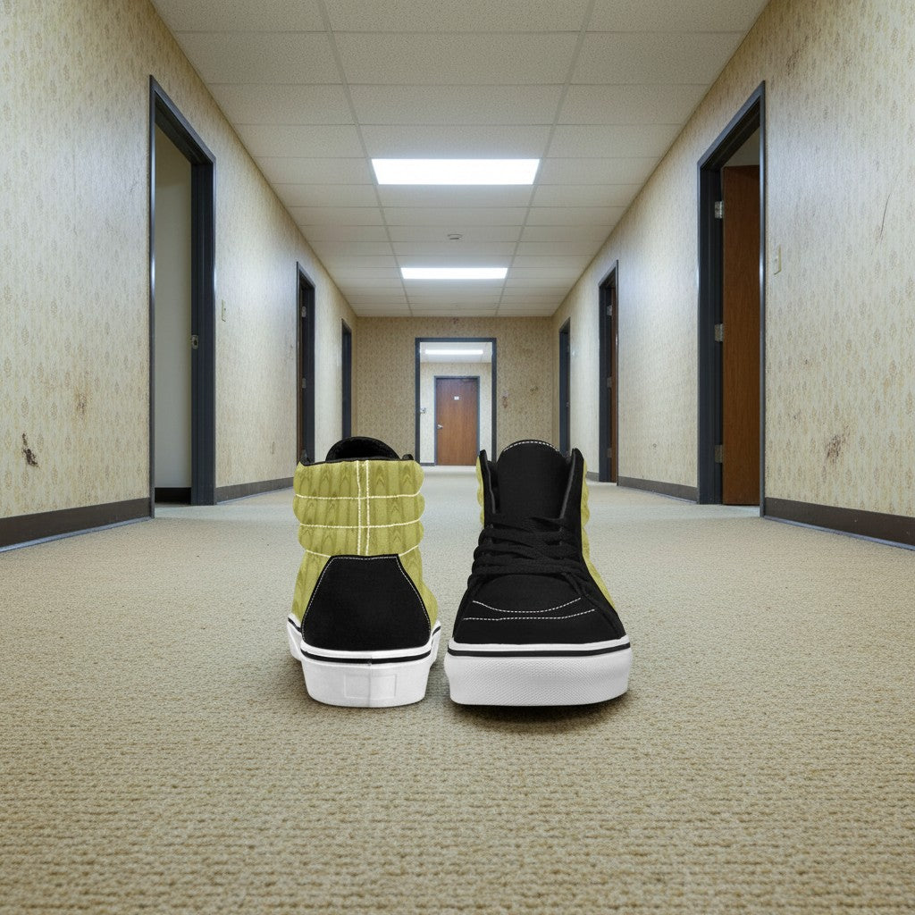Custom Men's Backrooms Suburbs Yellow Wallpaper Alt high-top canvas shoes with bold all-over art — Freaky Shoes