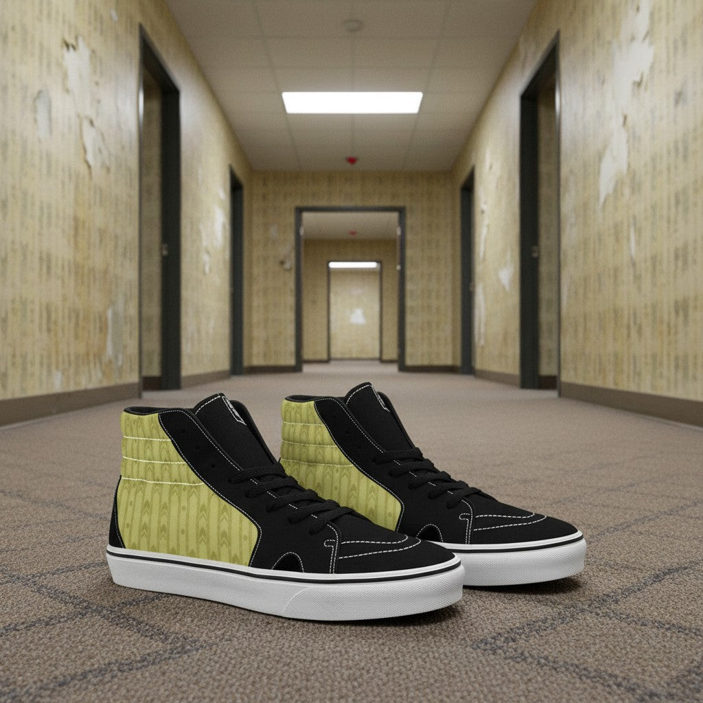 Women's Backrooms Suburbs Yellow Wallpaper Alt hand-made high-top canvas shoes — unique wearable art by Freaky Shoes