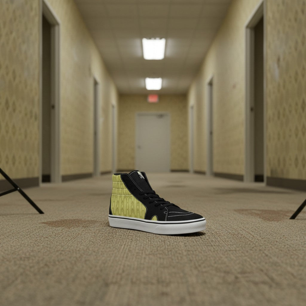 Women's Backrooms Suburbs Yellow Wallpaper Alt high-top canvas shoes — one-of-a-kind custom printed art, Freaky Shoes