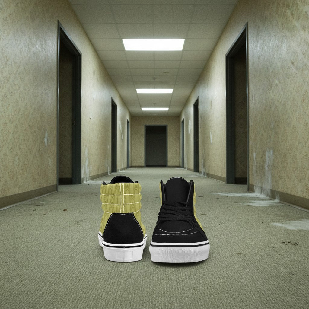 Custom Women's Backrooms Suburbs Yellow Wallpaper Alt high-top canvas shoes with bold all-over art — Freaky Shoes