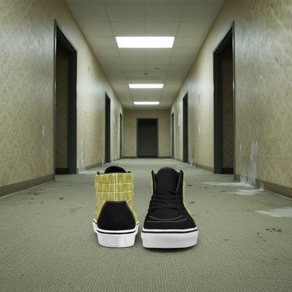 Custom Women's Backrooms Suburbs Yellow Wallpaper Alt high-top canvas shoes with bold all-over art — Freaky Shoes
