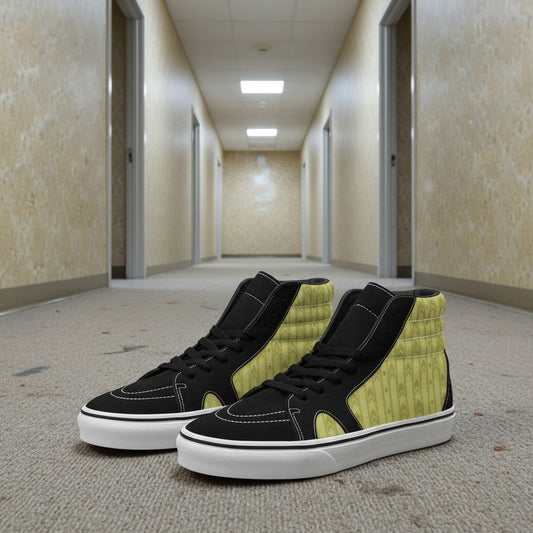 Freaky Shoes® men's high top sneakers with yellow wallpaper pattern and black faux suede accents.