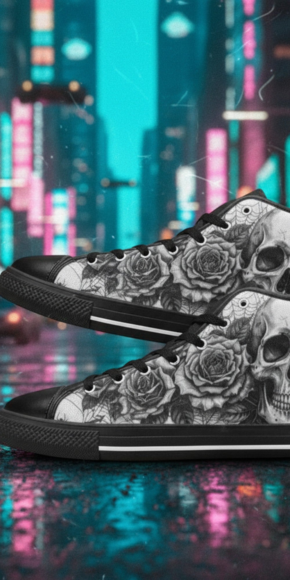 Custom Women's Dark Art Gothic Skull high-top canvas shoes with bold all-over art — Freaky Shoes