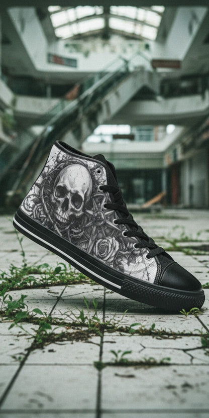 Custom Women's Dark Gothic Skull high-top canvas shoes with bold all-over art — Freaky Shoes