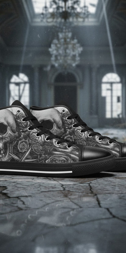 Women's Dark Skull Art Gothic hand-made high-top canvas shoes — unique wearable art by Freaky Shoes