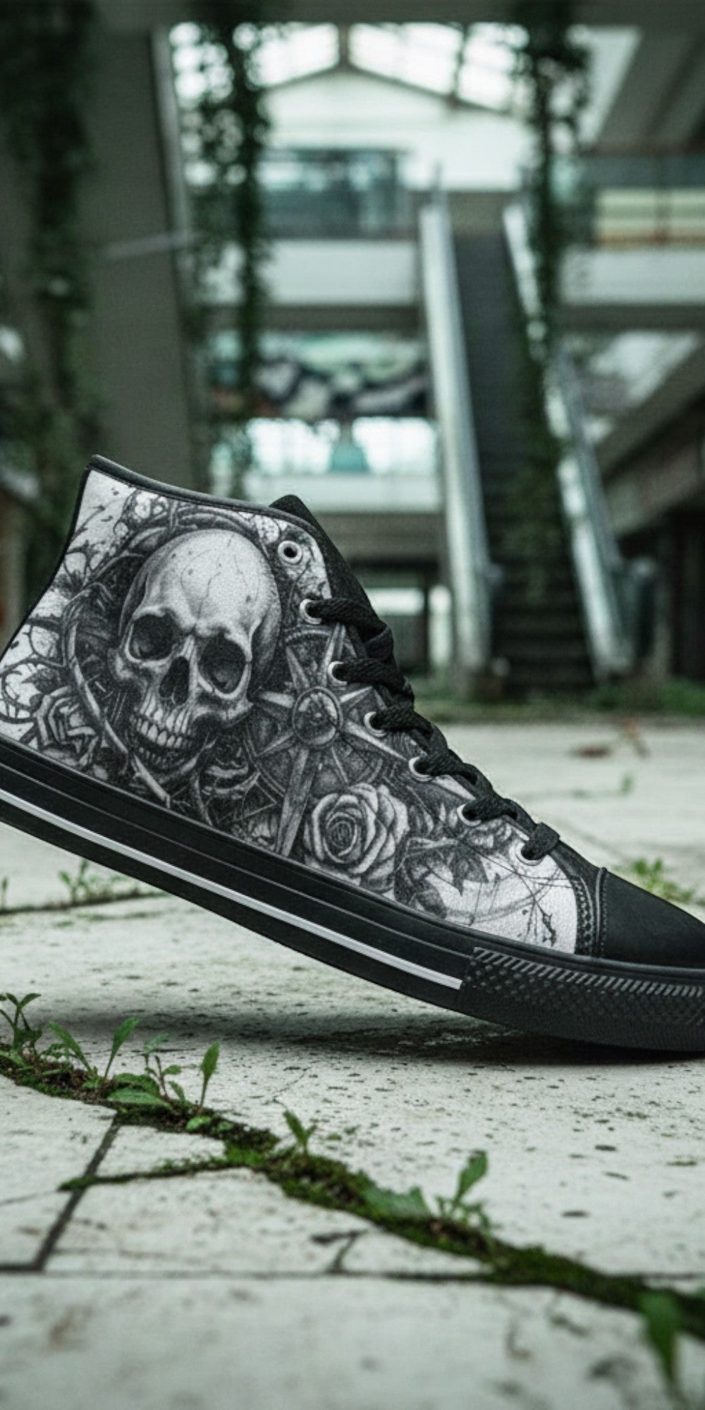 Women's Dark Gothic Skull high-top canvas shoes, custom full-wrap printed design — Freaky Shoes