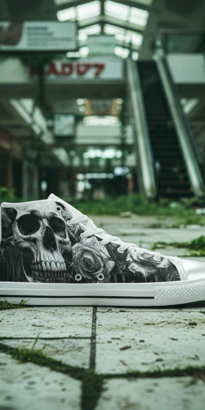 Freaky Shoes® men's gothic high top canvas sneakers featuring a grey and black skull and rose print in a mall setting.