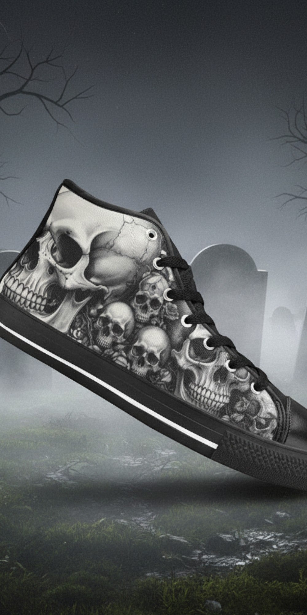 Women's Dark Rose Grey Skull Gothic high-top canvas shoes, custom full-wrap printed design — Freaky Shoes