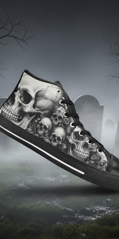 Women's Dark Rose Grey Skull Gothic high-top canvas shoes, custom full-wrap printed design — Freaky Shoes