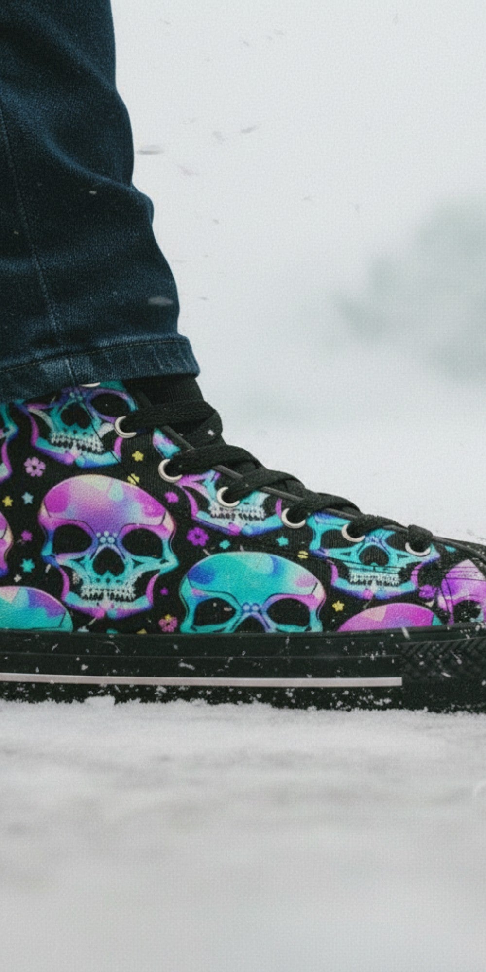 Freaky Shoes® men's high top canvas sneakers featuring a vibrant neon skull gothic art print on a black background.
