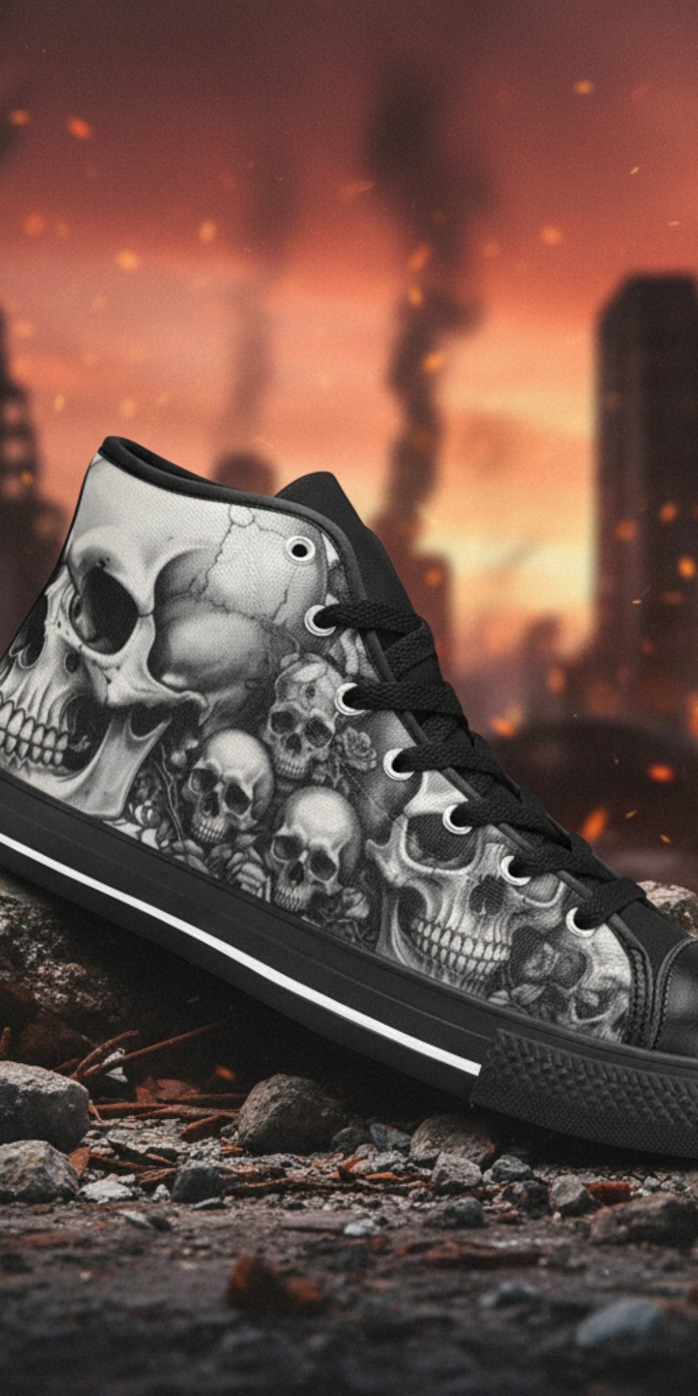 Men's Dark Gothic Moon Skull high-top canvas shoes — one-of-a-kind custom printed art, Freaky Shoes