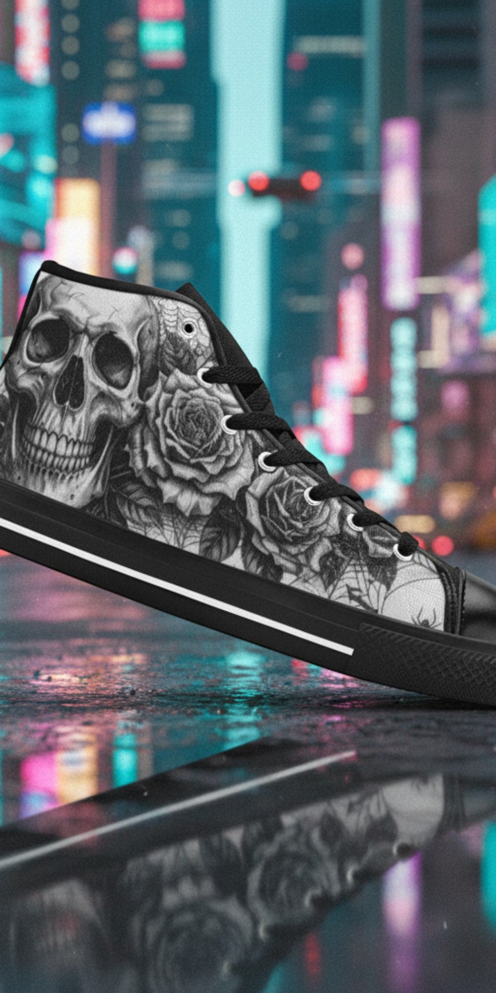 Women's Dark Art Gothic Skull high-top canvas shoes, custom full-wrap printed design — Freaky Shoes