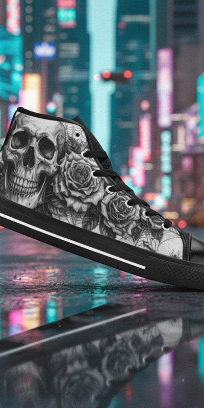 Women's Dark Art Gothic Skull high-top canvas shoes, custom full-wrap printed design — Freaky Shoes