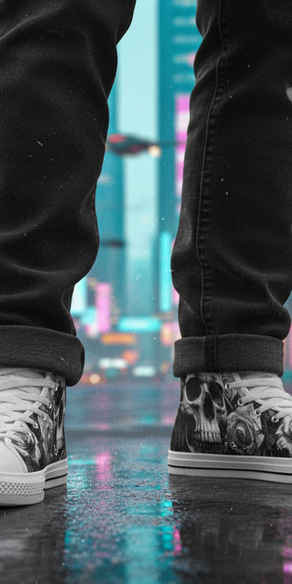 Freaky Shoes® women's high top canvas sneakers featuring a black and white gothic skull and rose print design.
